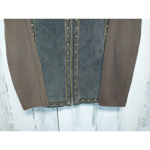 Bob Mackie Western Leather Jacket Women's S Brown Embroidered Artsy Knit Zip - Picture 2 of 6